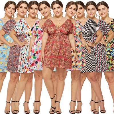 Factory Directly Latest Design Summer Sexy V Neck 2020 Women Plus Size Print  Beach Dresses Skirts