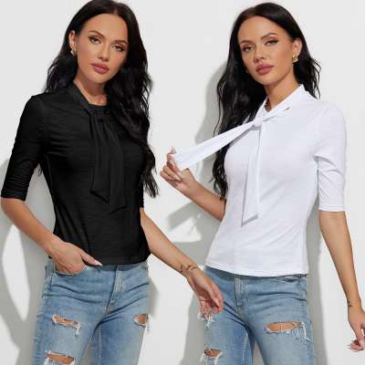 Wholesale Autumn Latest Popular Tops  Women Tie Neck Blouse Shirts  For Office Ladies